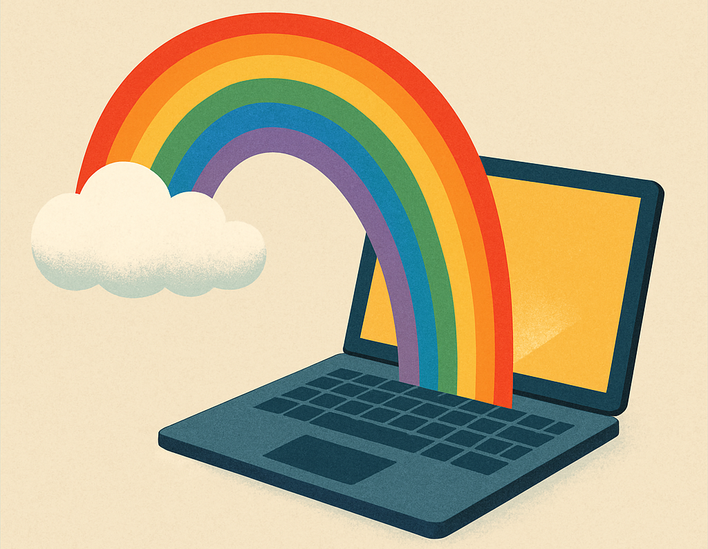 A rainbow arching down from a cloud into a laptop.